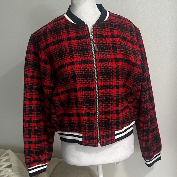 Maeve Red and Black Plaid Bomber Jacket - Picture 5 of 10